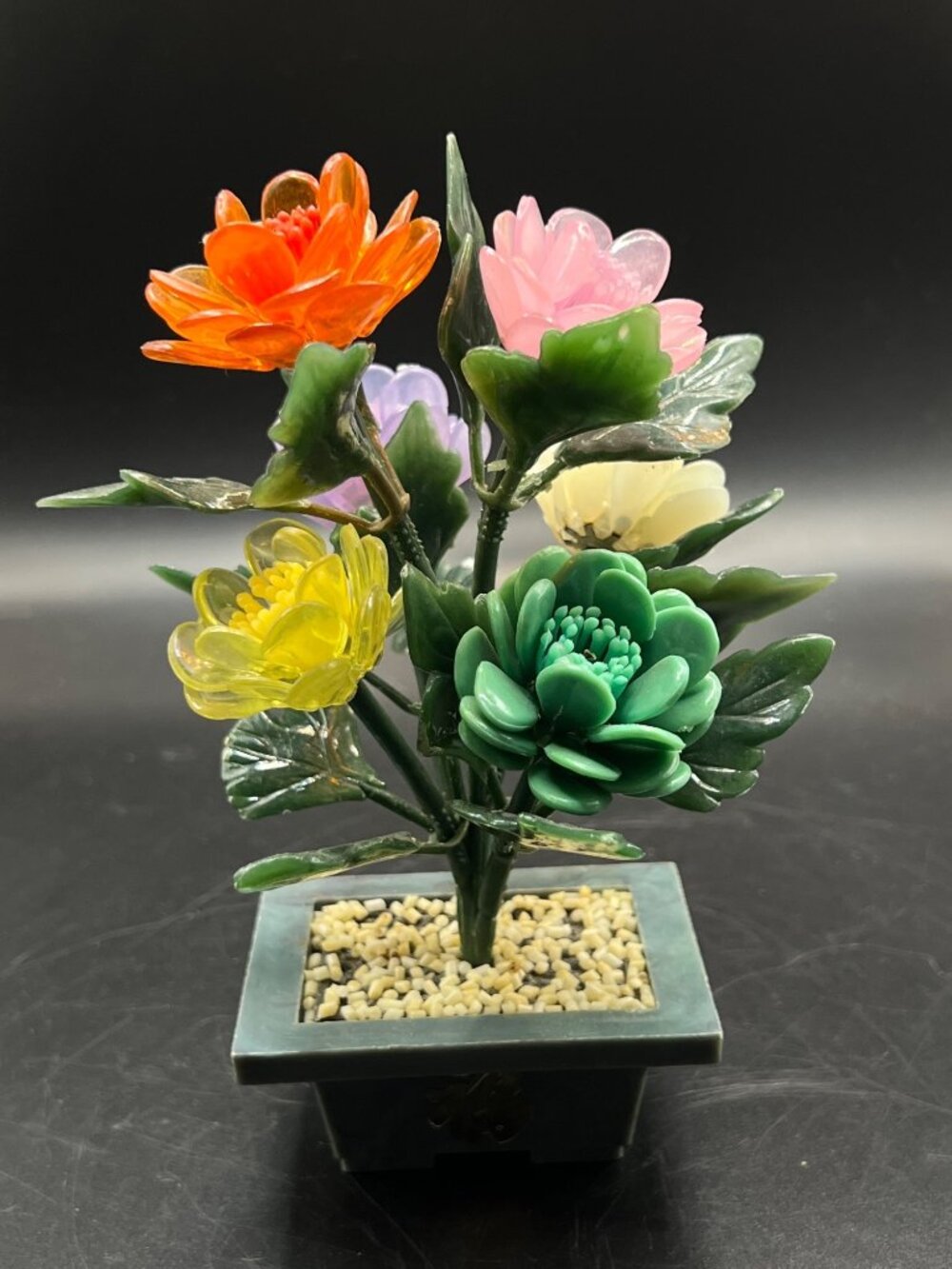 Vintage Multicolor Jade lucite Bonsai Flower Arrangement Stone Pot Hong Kong 7”